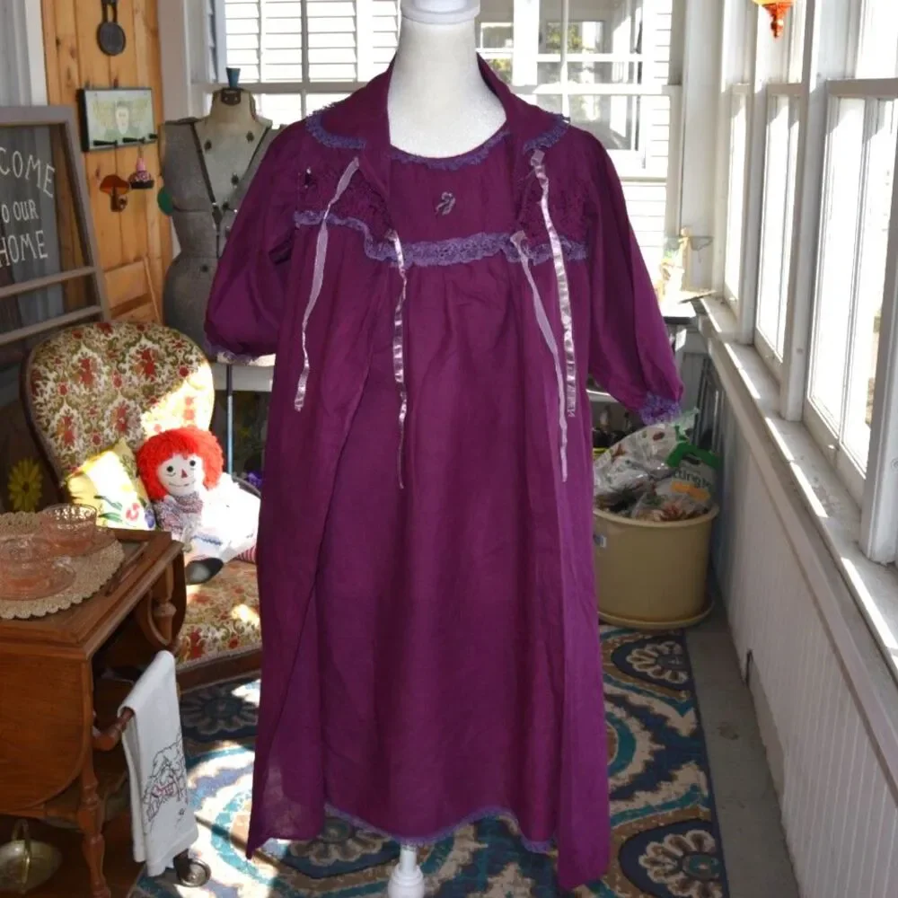 Vintage 40s 50s Sheer Plum Peignoir Set Lace Ribbon Mid Century Loungewear Med